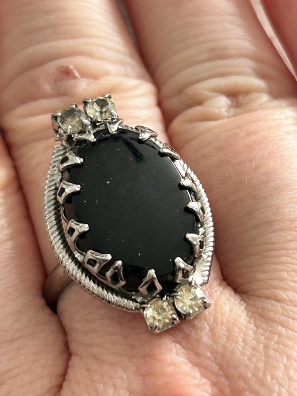 4/$100 Silver tone Black Onyx and Clear Crystal Statement Ring size 7